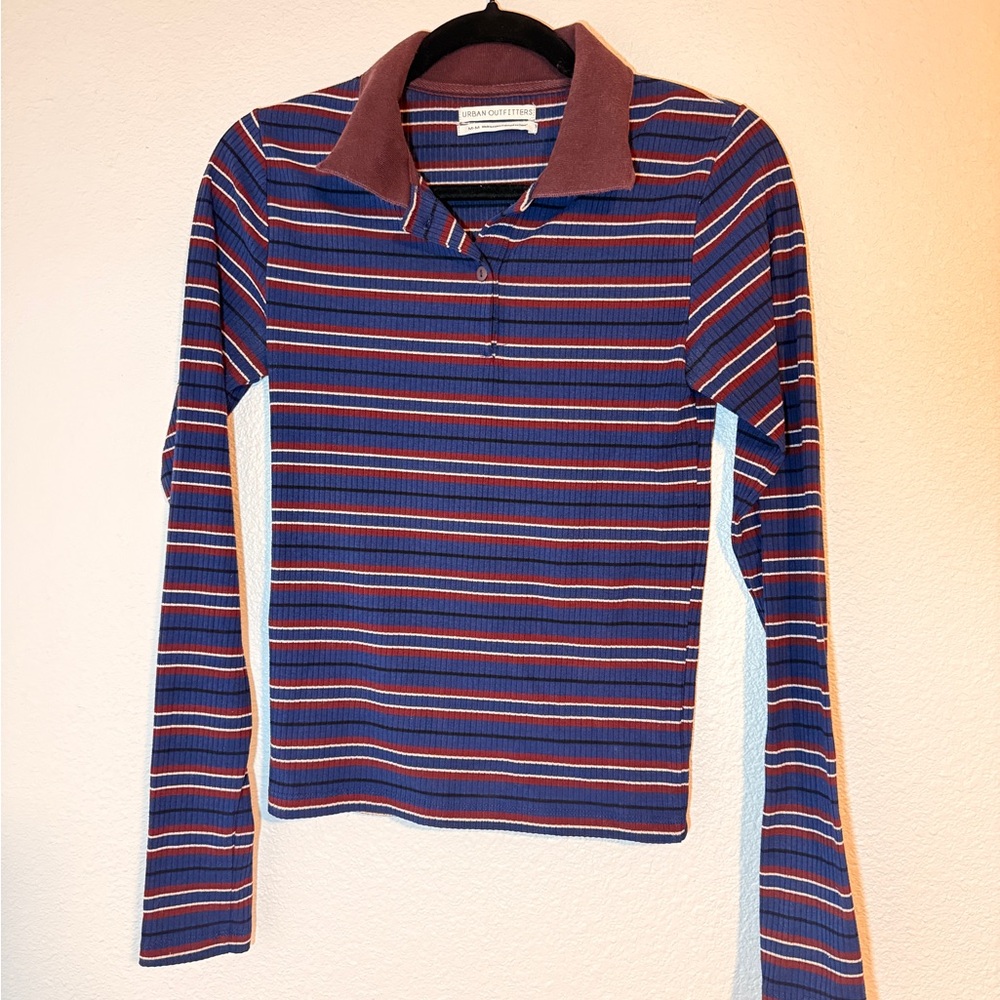 Urban Outfitters Trendy Maroon and Blue Striped LongSleeve Polo Top